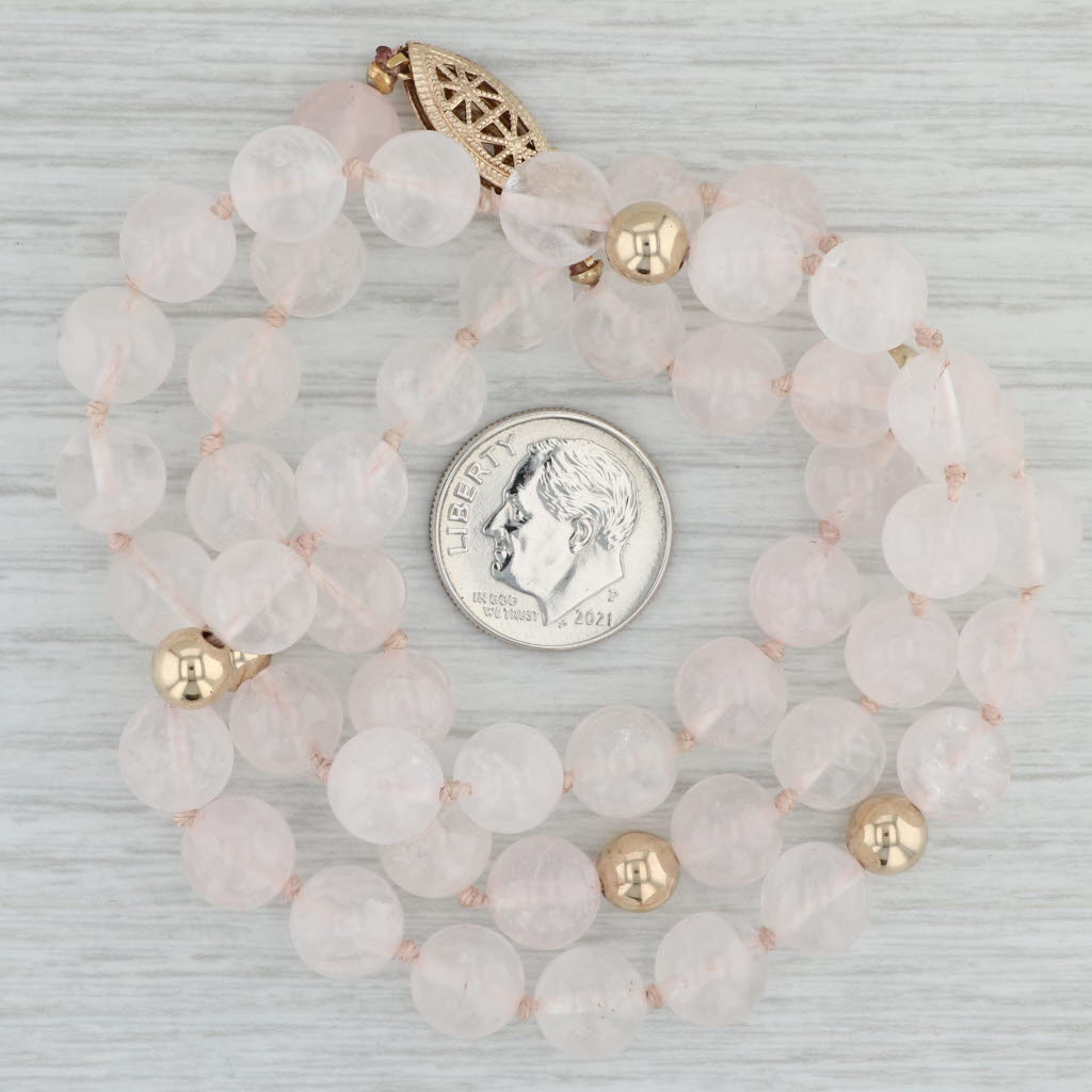 Gray Vintage Pink Rose Quartz Bead Strand Necklace Gold Filled 21.25"