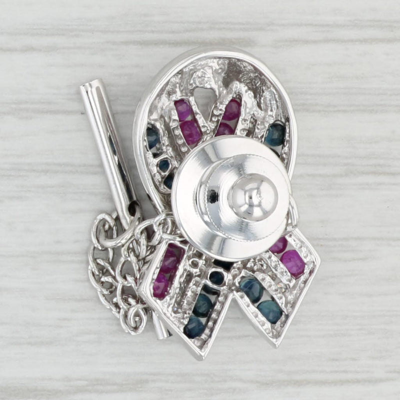 1.26ctw Sapphire Ruby Diamond Support Ribbon Tie Tac Pin 10k White Gold