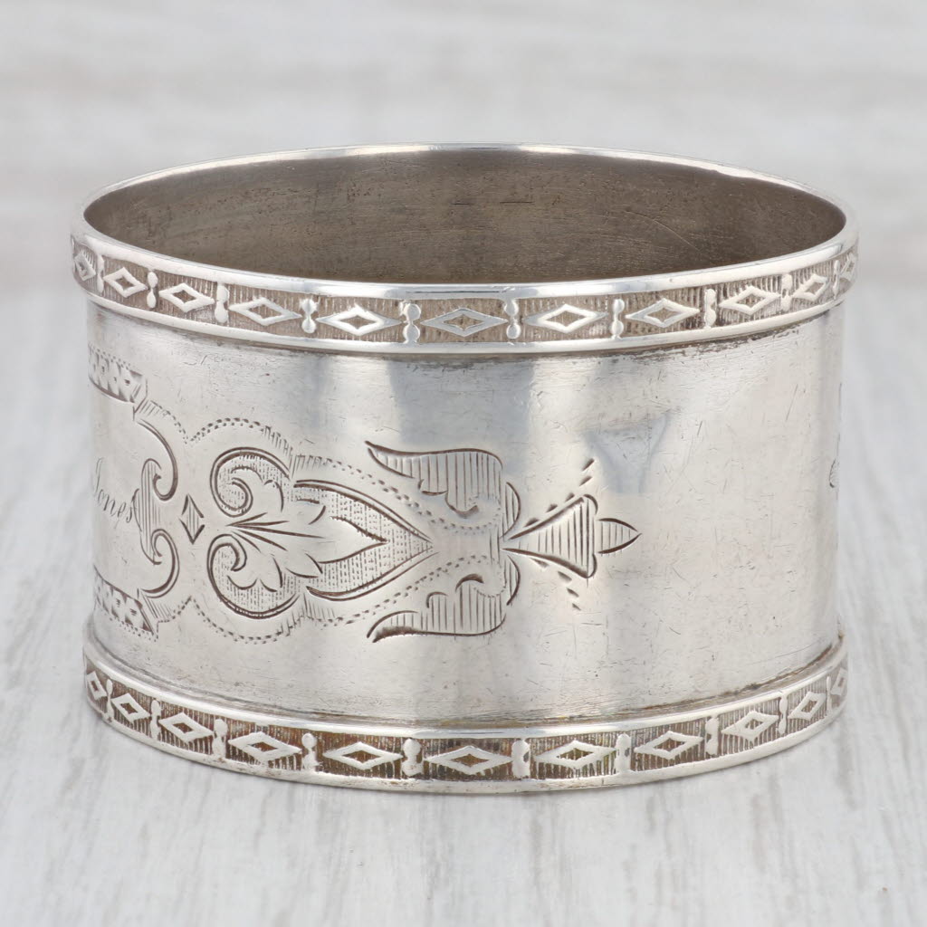 Light Gray Antique Coin Silver Napkin Ring Engraved Floral Fine Dining Tableware Hollowware