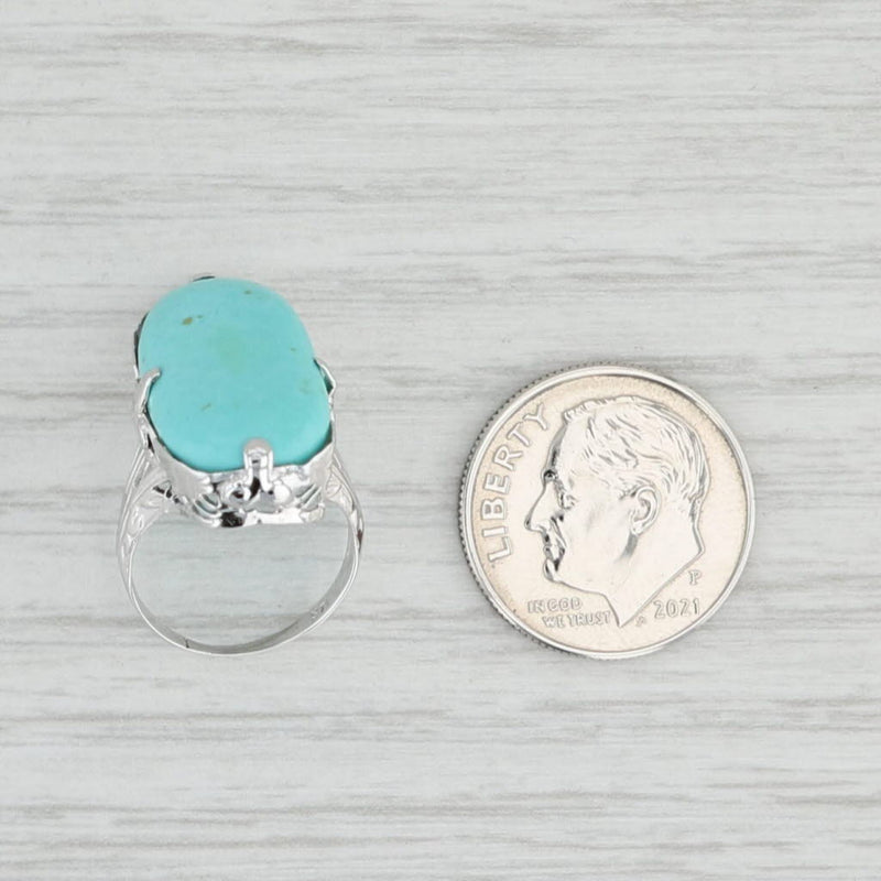 Vintage Stabilized Turquoise Ring 14k White Gold Size 2.5 Oval Cabochon