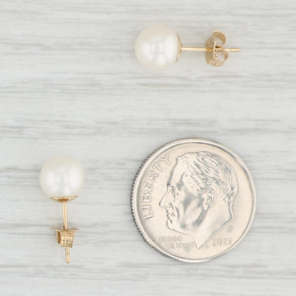 Light Gray Round White Cultured Pearl Stud Earrings 14k Yellow Gold June Birthstone