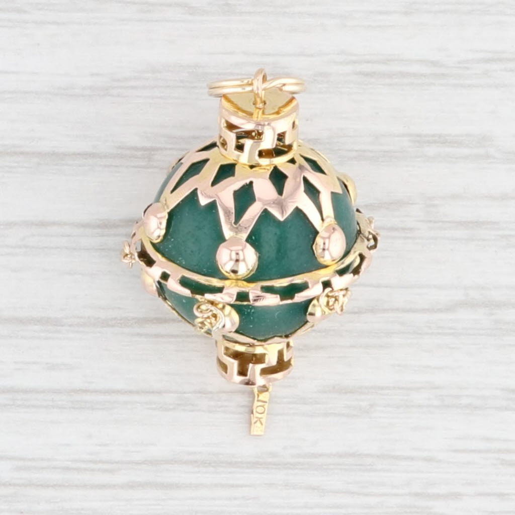 Antique White Ornate Lantern Charm Fob 10k Yellow Gold Green Aventurine Bead Pendant