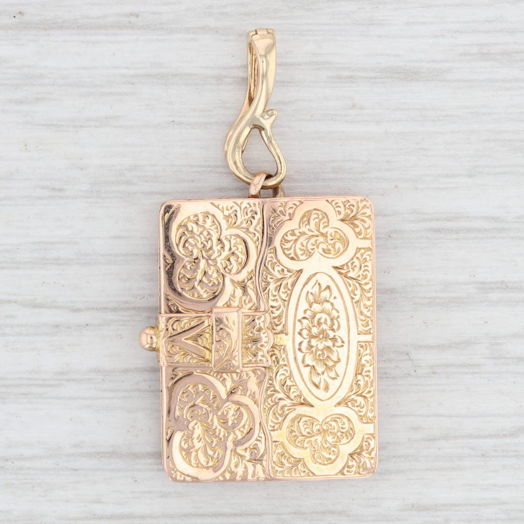 Light Gray Victorian Folding Book Locket Pendant 14k Rose Gold Floral Engravable