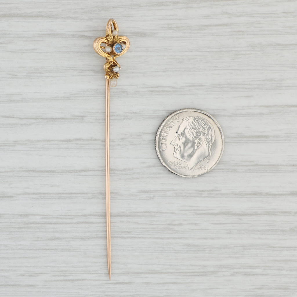 Light Gray Antique Sapphire Pearl Blue Sapphire Stickpin 10k Yellow Gold