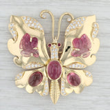 Light Gray Vintage Butterfly Brooch with Moving Wings Tourmaline Ruby Diamond 18k Gold