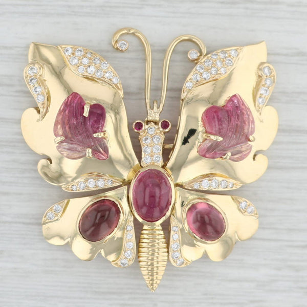Light Gray Vintage Butterfly Brooch with Moving Wings Tourmaline Ruby Diamond 18k Gold