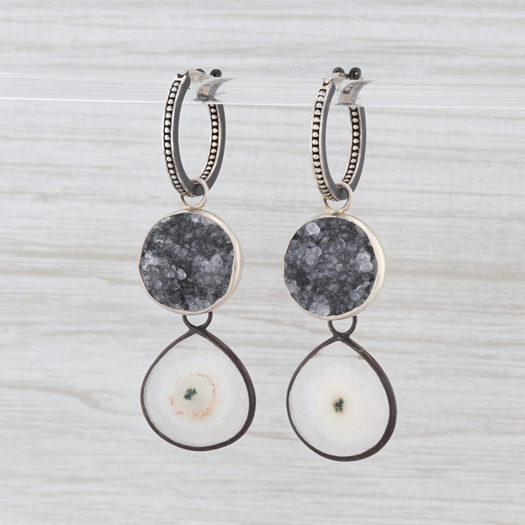 Light Gray New Nina Nguyen Hoop Charm Drops Earrings Sterling Silver Druzy Quartz Geode