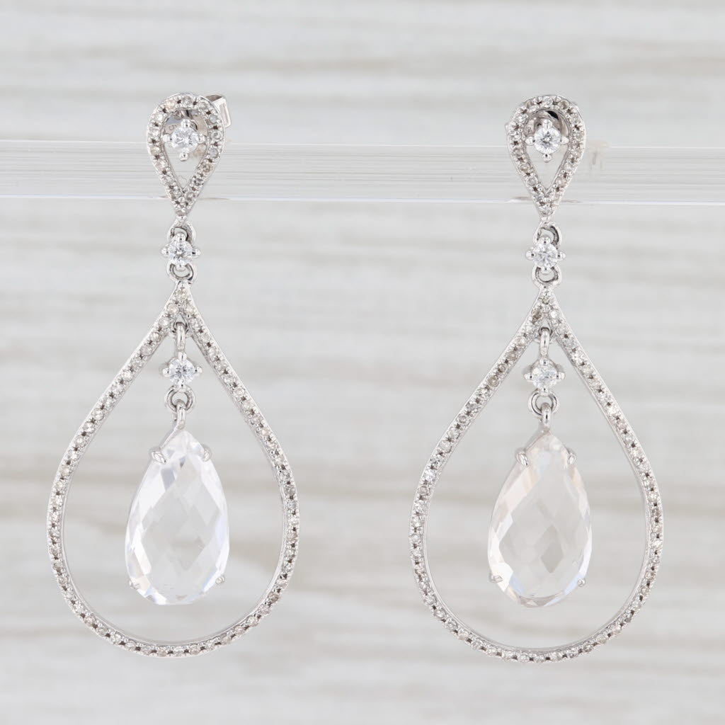 Light Gray New Quartz & Diamond Halo Teardrop Earrings 14k White Gold Pierced Dangles