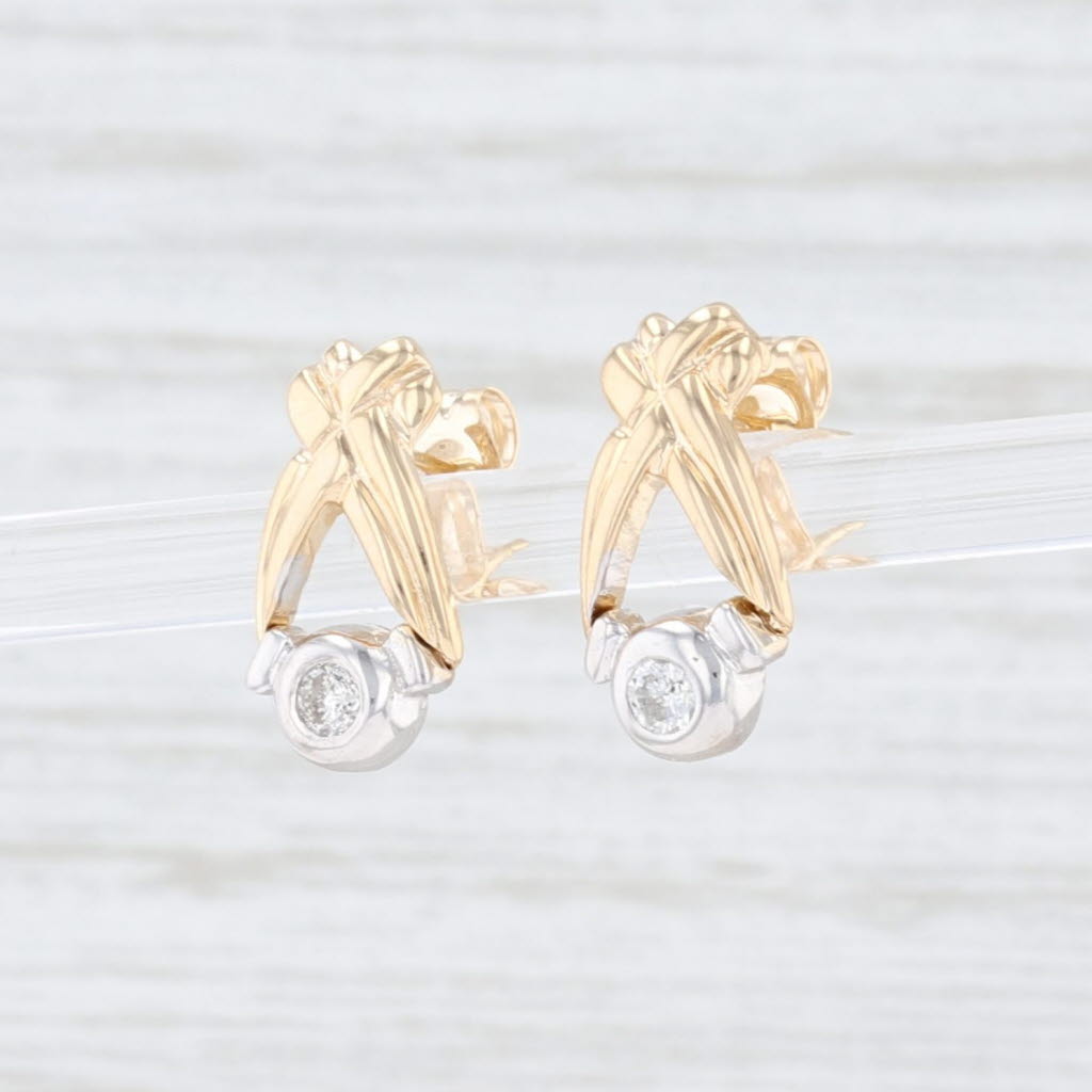 0.10ctw Diamond Drop Earrings 14k Yellow White Gold Pierced Ribbon Wishbone