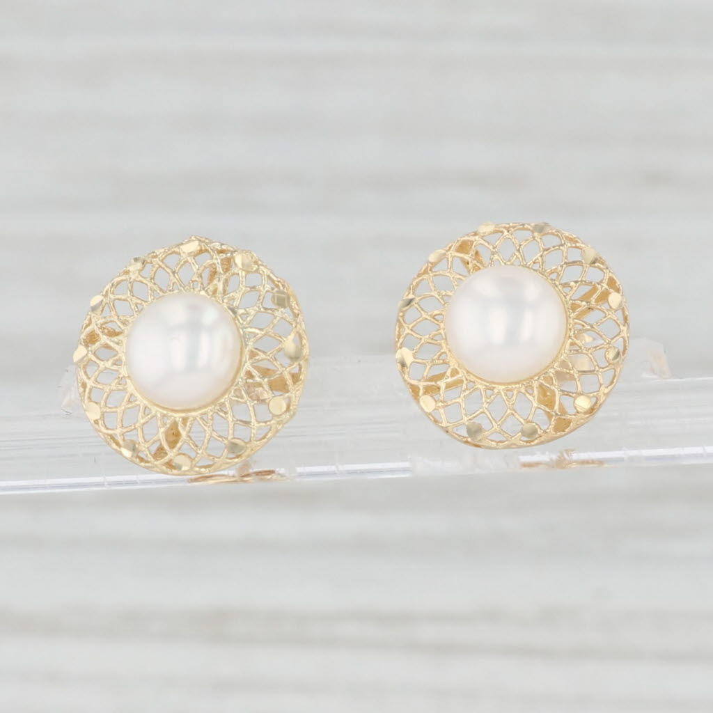 Light Gray Freshwater Cultured Pearl Filigree Stud Earrings 14k Yellow Gold