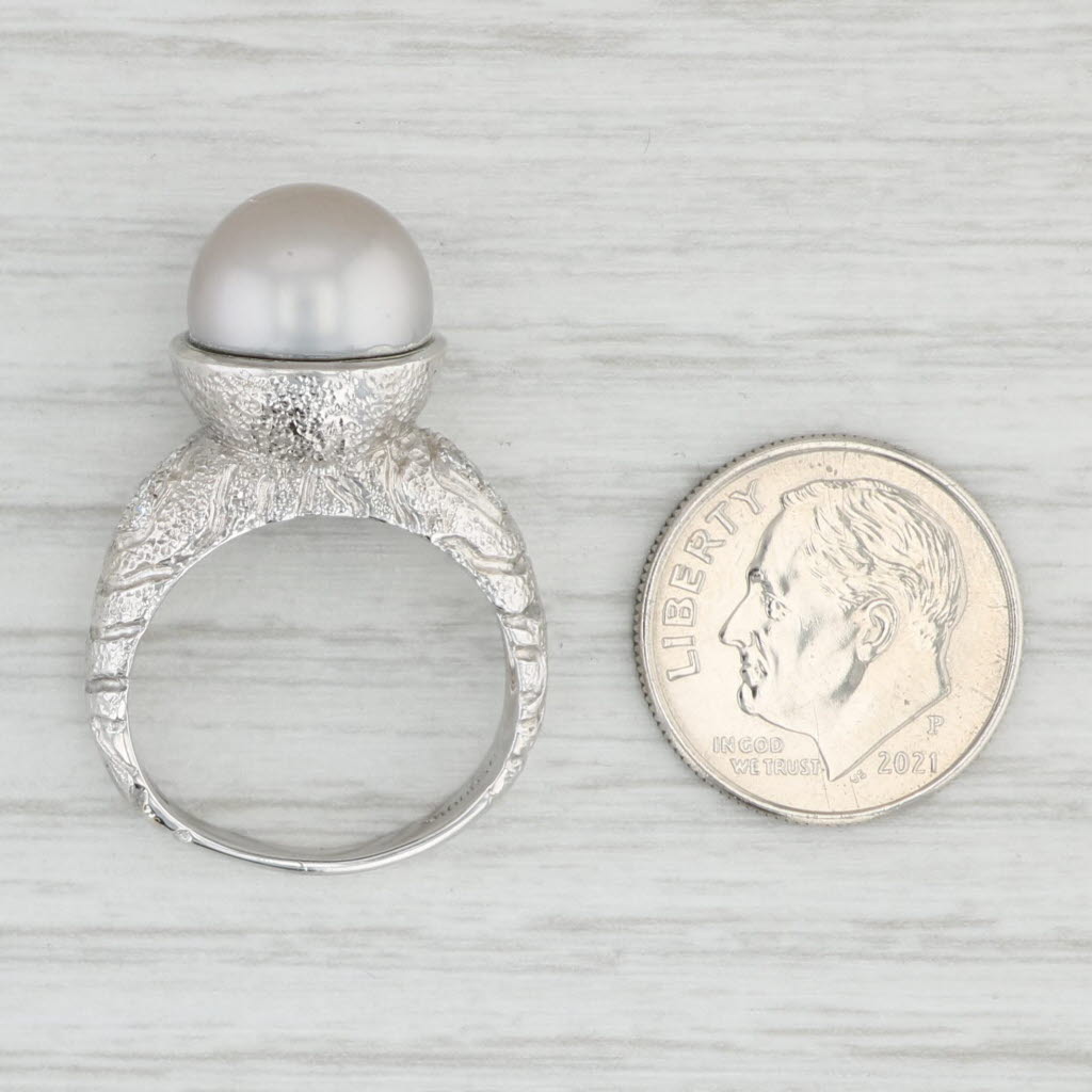 Light Gray Sequoia Cultured Gray Pearl Diamond Ring 18k White Gold Size 8.25