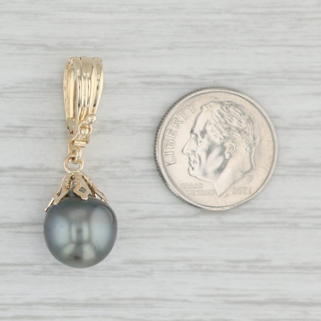 Light Gray Black Cultured Pearl Pendant 14k Yellow Gold Solitaire Drop