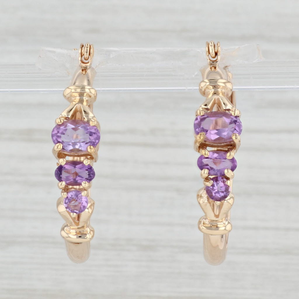 Light Gray 1.50ctw 3-Stone Amethyst Hoop Earrings 10k Yellow Gold Snap Top Posts