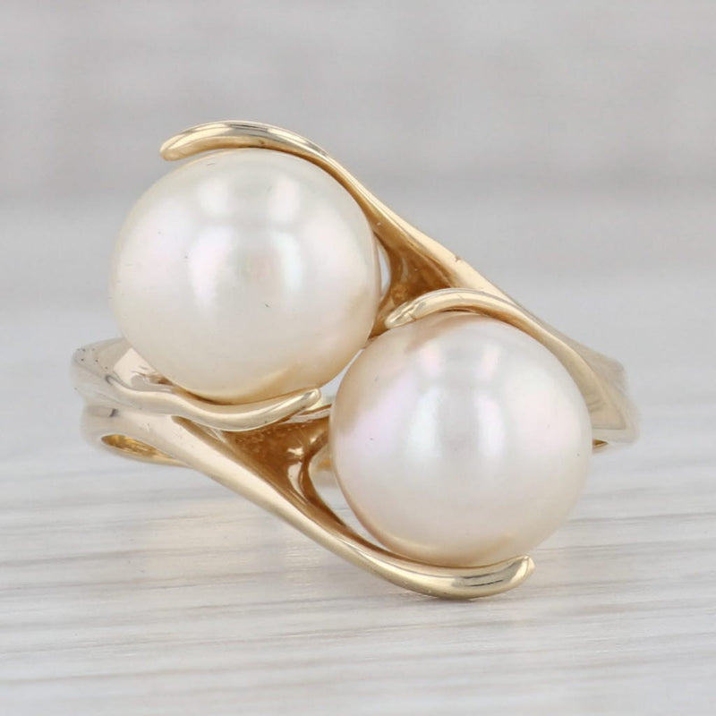 Gray Set of 2 Cultured Pearl Bypass Ring 14k Yellow Gold Size 8.5