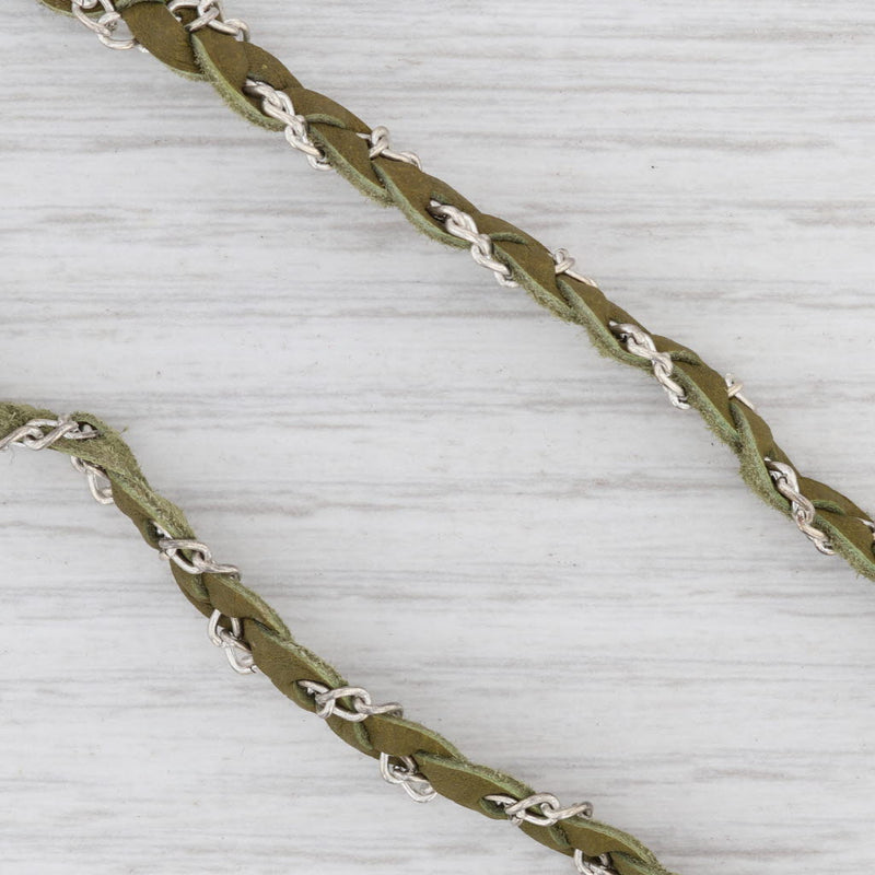 New Nina Nguyen Cordelia Woven Necklace White Druzy Quartz Pendant Green Leather