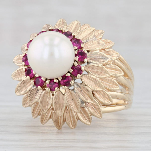 Light Gray Cultured Pearl Lab Created Ruby Flower Cocktail Ring 14k Yellow Gold Size 8.25