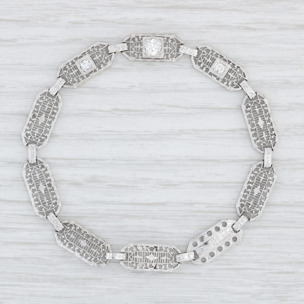 Light Gray Art Deco Diamond Bracelet Platinum Silver 14k Gold 7" Antique Filigree 3 Stone