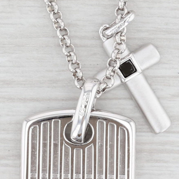 Light Gray New Cross Dog Tag Pendant Necklace Black Diamonds Sterling Silver 21.5"