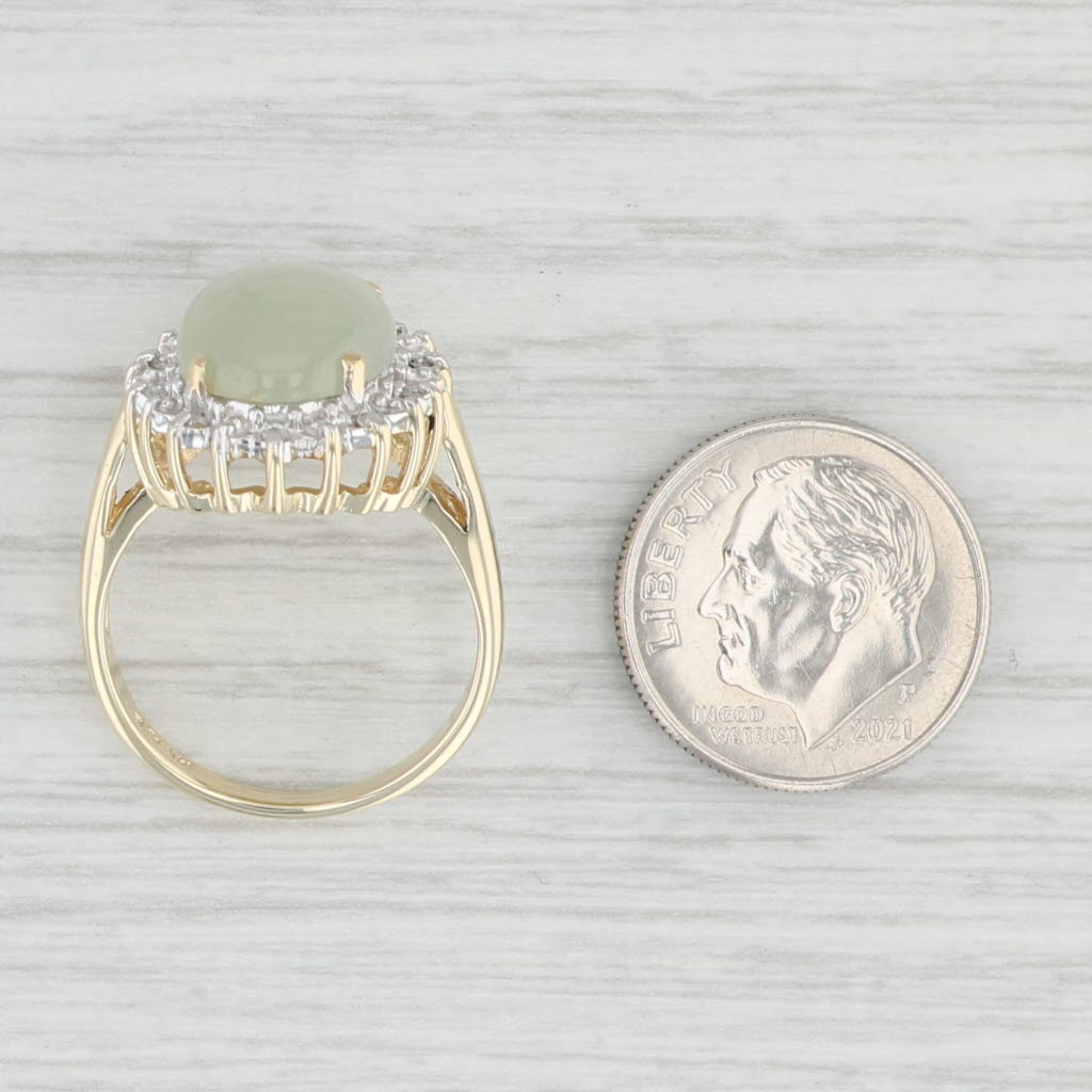 Light Gray Green Jadeite Jade Oval Cabochon Diamond Halo Ring 14k Yellow Gold Size 6.75