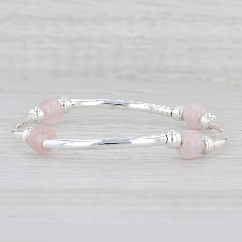 Light Gray New Rose Quartz Stretch Bead Bracelet Sterling Silver 7.5" Italy