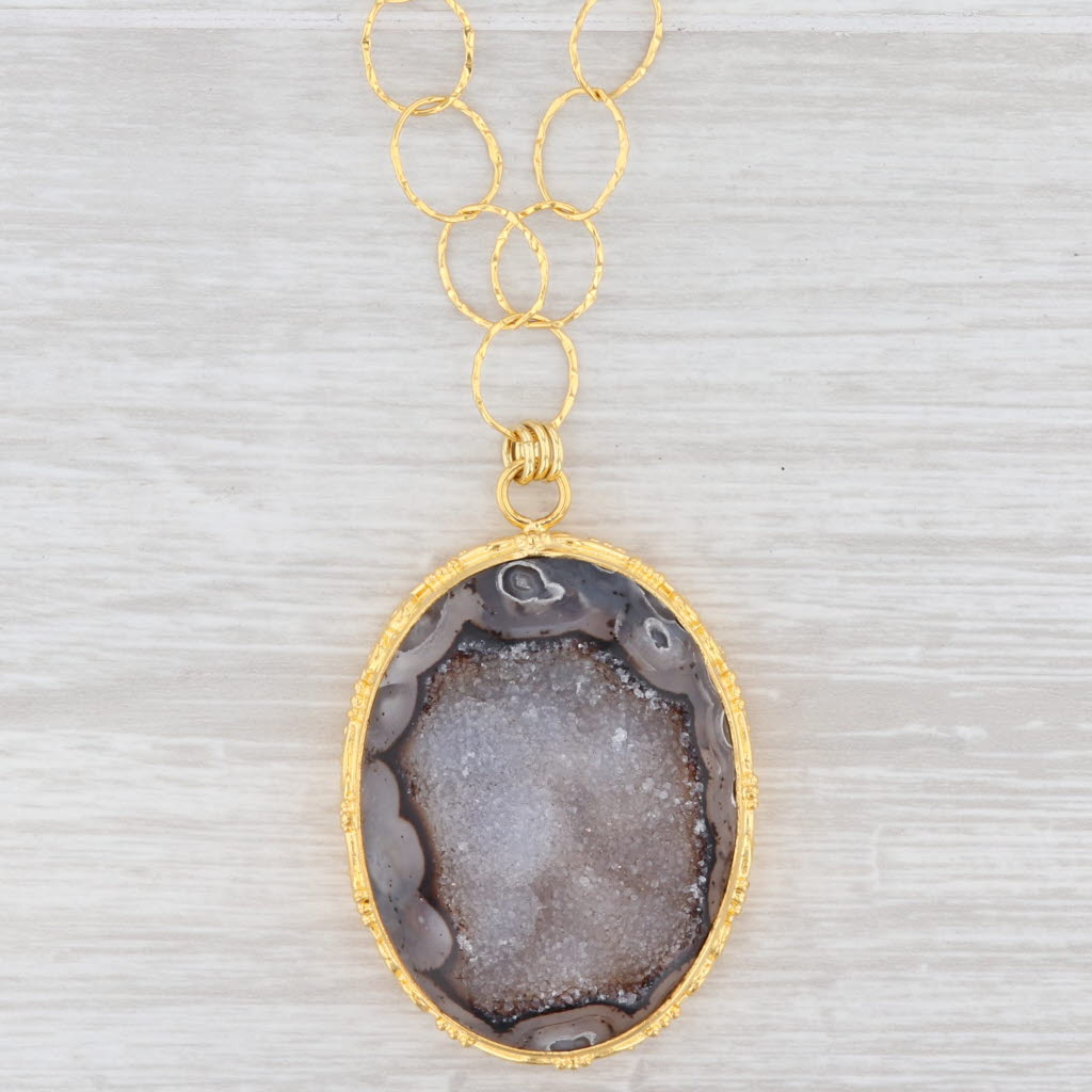 Light Gray New Nina Nguyen Druzy Quartz Agate Pendant Necklace 20" Sterling Silver 22k Gold