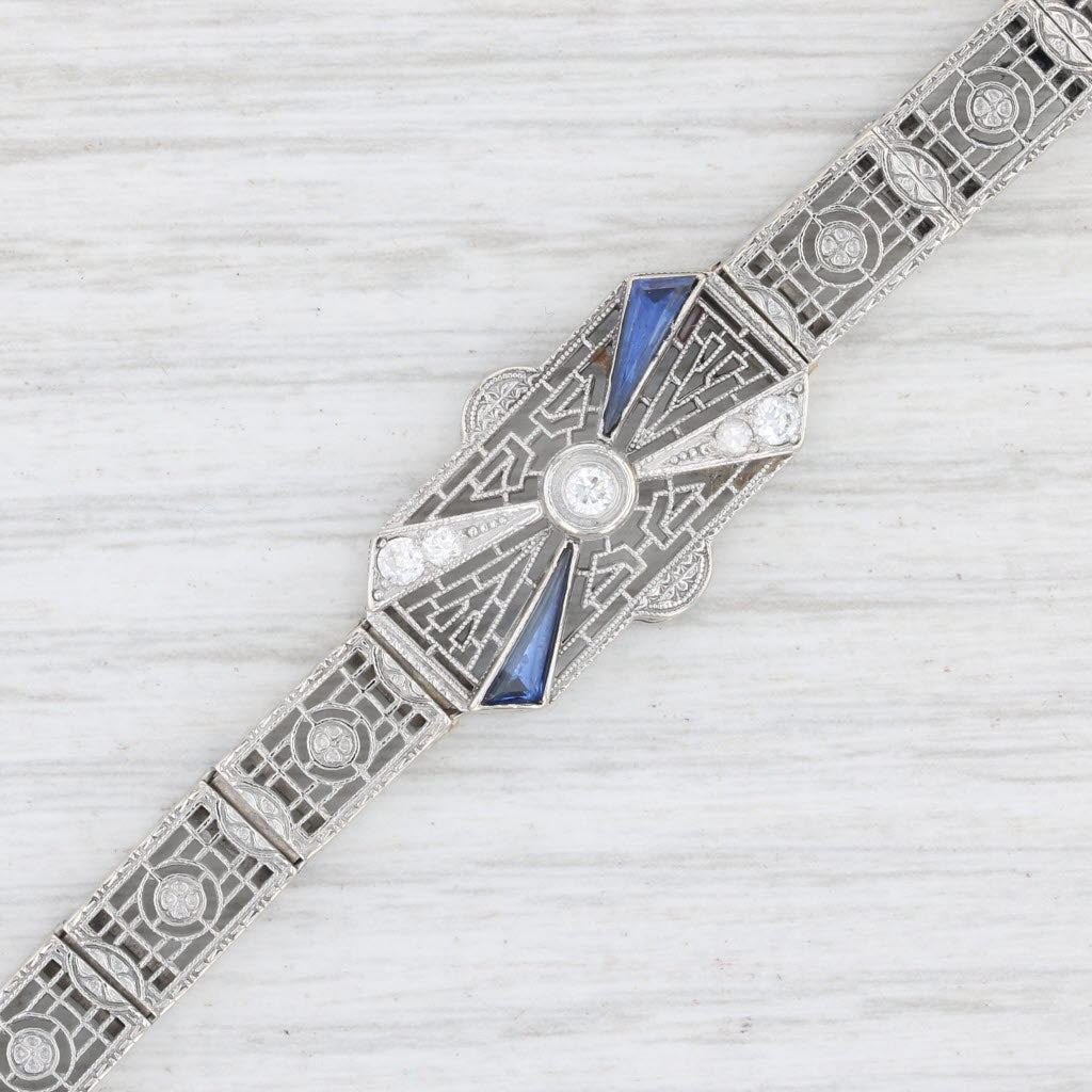 Light Gray Art Deco Synthetic Sapphire Diamond Filigree Bracelet Platinum 14k Gold 6.5”