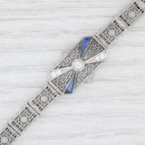 Art Deco Synthetic Sapphire Diamond Filigree Bracelet Platinum 14k Gold 6.5”