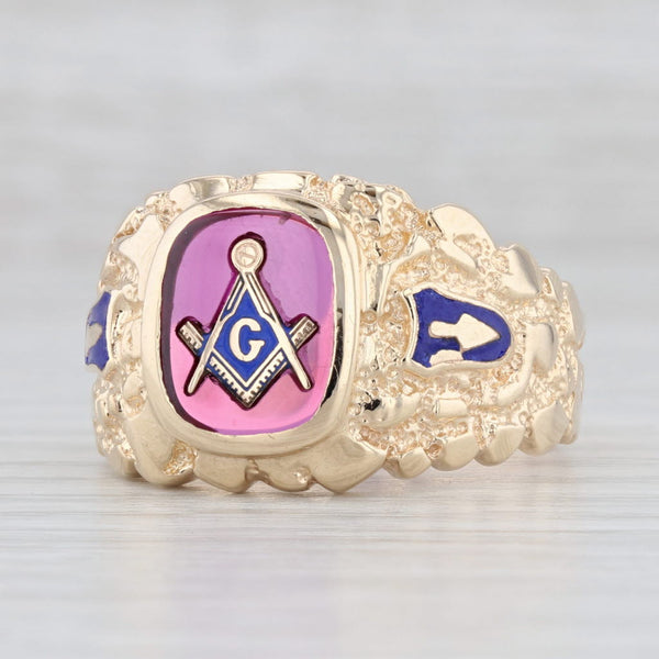 Light Gray Masonic Blue Lodge Signet Ring 10k Gold Nugget Lab Created Ruby Size 13.25