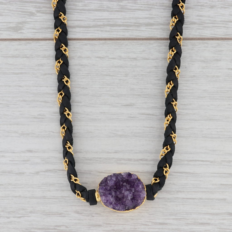 New Nina Nguyen Cordelia Necklace Amethyst Druzy Pendant Black Leather NWT