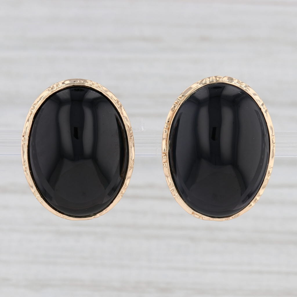 Light Gray Oval Onyx Cabochon Earrings 14k Yellow Gold Pierced Omega Backs