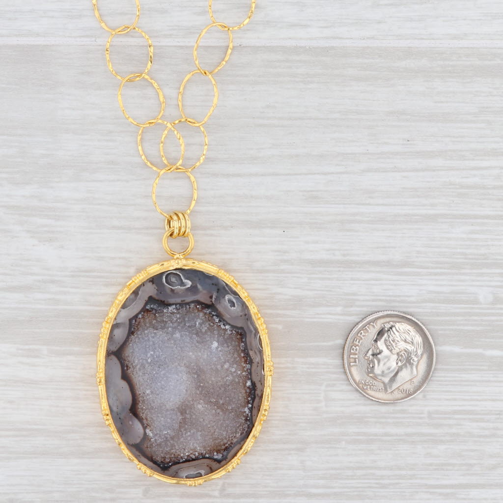 Light Gray New Nina Nguyen Druzy Quartz Agate Pendant Necklace 20" Sterling Silver 22k Gold