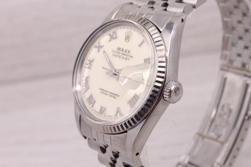 Gray 1986 Rolex Datejust 16014 Mens 36mm Steel Automatic Watch Jubilee Roman Cream