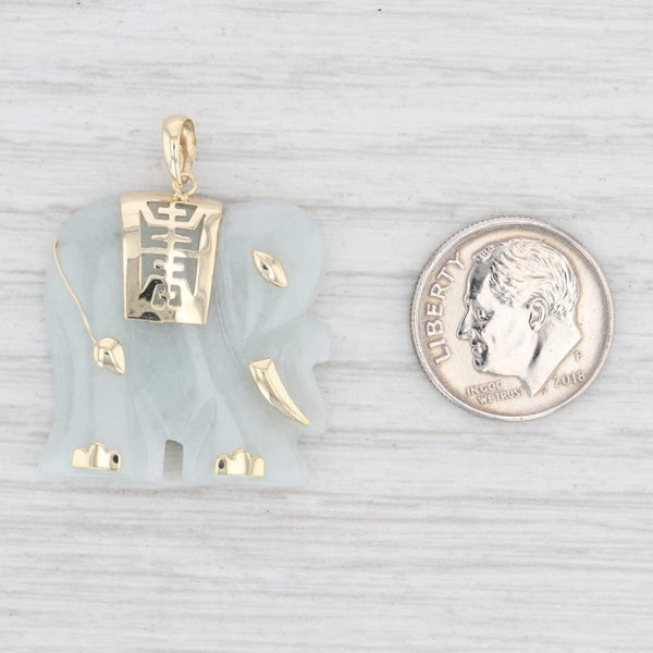 Light Gray Green Jadeite Jade Elephant Pendant Shou Longevity Chinese Character 10k Gold