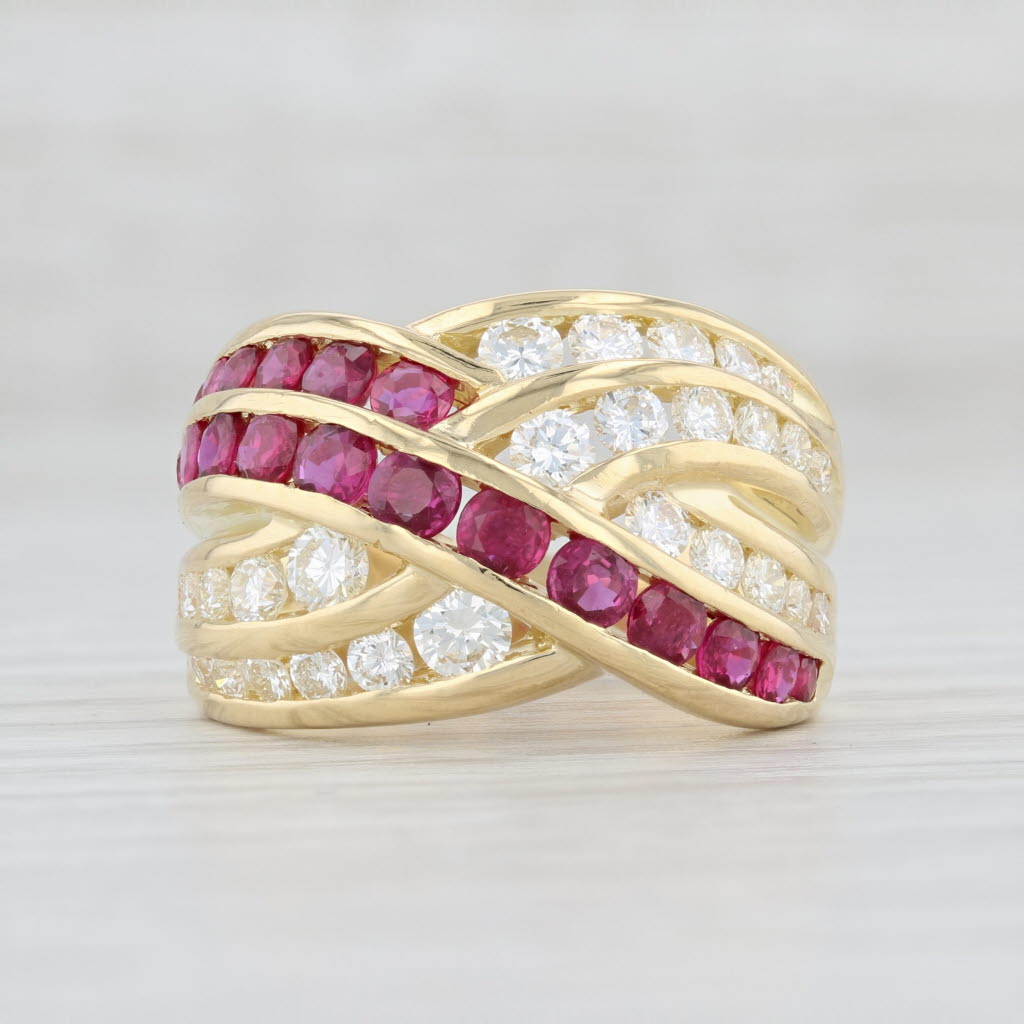 Light Gray 2.80ctw Ruby Diamond Knot Ring 18k Yellow Gold Damiani Cocktail Woven