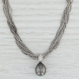 Cultured Black Pearl Diamond Pendant Necklace 18k Gold Multi-Strand Chain 15.5"