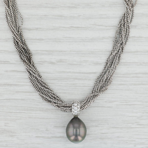 Light Gray Cultured Black Pearl Diamond Pendant Necklace 18k Gold Multi-Strand Chain 15.5"