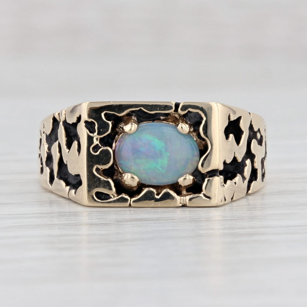 Light Gray Vintage Opal Nugget Cutout Ring 10k Yellow Gold Size 9.5 Oval Cabochon Solitaire