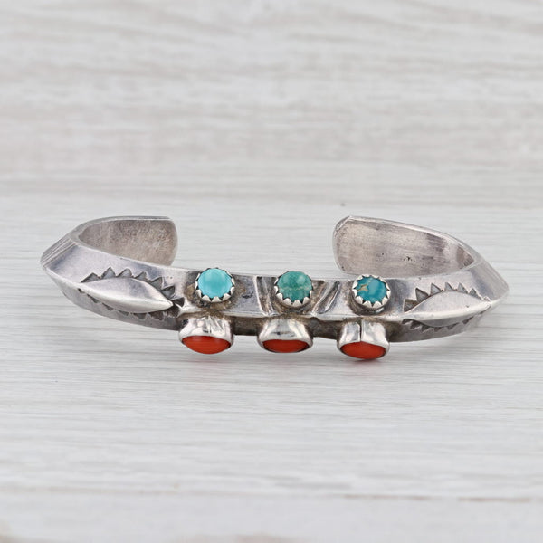 Light Gray Native American Cuff Bracelet Sterling Silver Coral Turquoise 6.5" 12.2mm