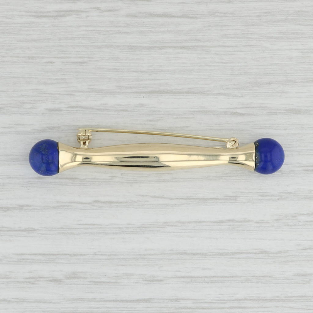 Light Gray Blue Bead Lapis Lazuli Bar Brooch 14k Yellow Gold Statement Pin