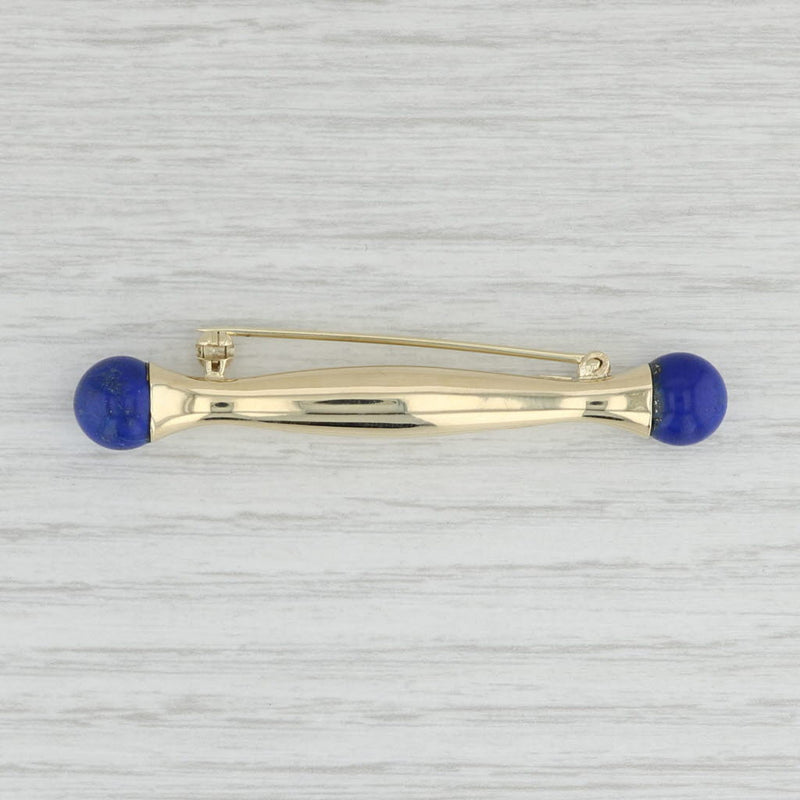 Light Gray Blue Bead Lapis Lazuli Bar Brooch 14k Yellow Gold Statement Pin