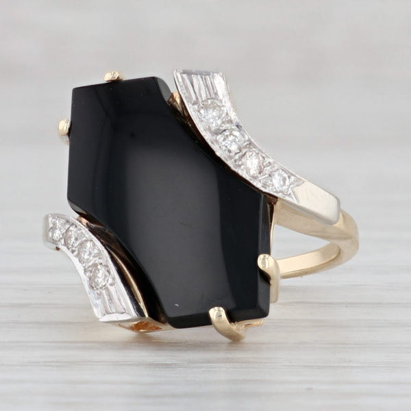 Light Gray Vintage Onyx Diamond Ring 14k Yellow Gold Bypass Size 4.75 Statement