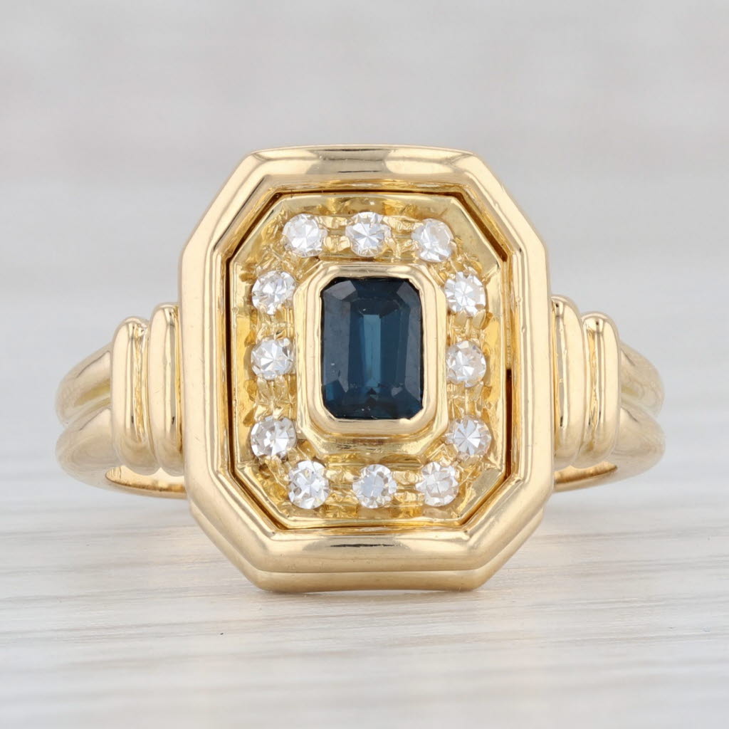 Light Gray Vintage Blue Sapphire Diamond Halo Ring 18k Yellow Gold Size 6.75