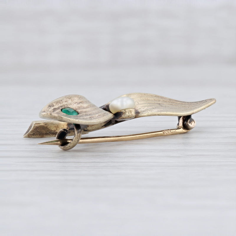 Art Nouveau Flower Brooch 14k Yellow Gold Pearl Emerald Vintage Floral Pin