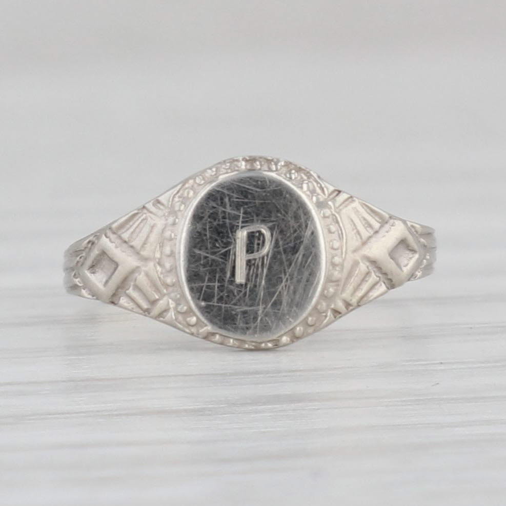 Light Gray Vintage Engraved Letter "P" Signet Baby Ring 14k White Gold Small Size