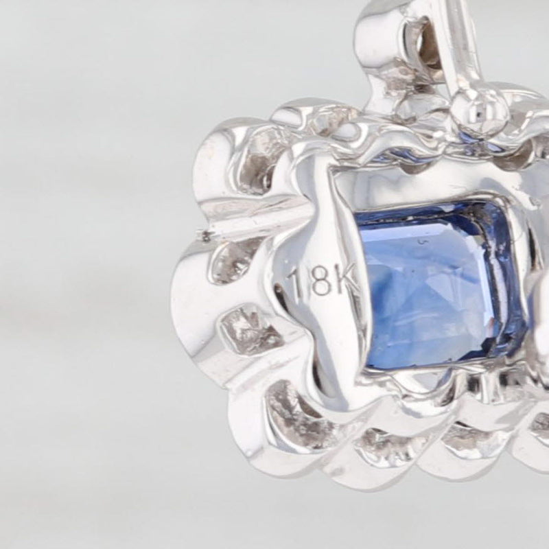 New 1.4ctw Blue Sapphire Diamond Halo Earrings 18k White Gold Pierced Drops