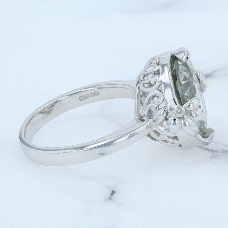 Lavender 5ct Round Green Quartz Ring Sterling Silver Diamond Accented Flowers Size 8