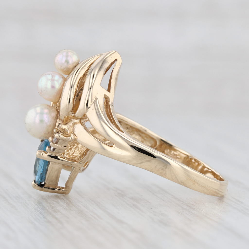 Light Gray Topaz Cultured Pearl Diamond Cocktail Ring 14k Yellow Gold Size 8