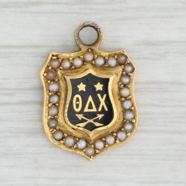 Light Gray Theta Delta Chi Fraternity Charm 14k Yellow Gold Pearl Antique 1903 Crest