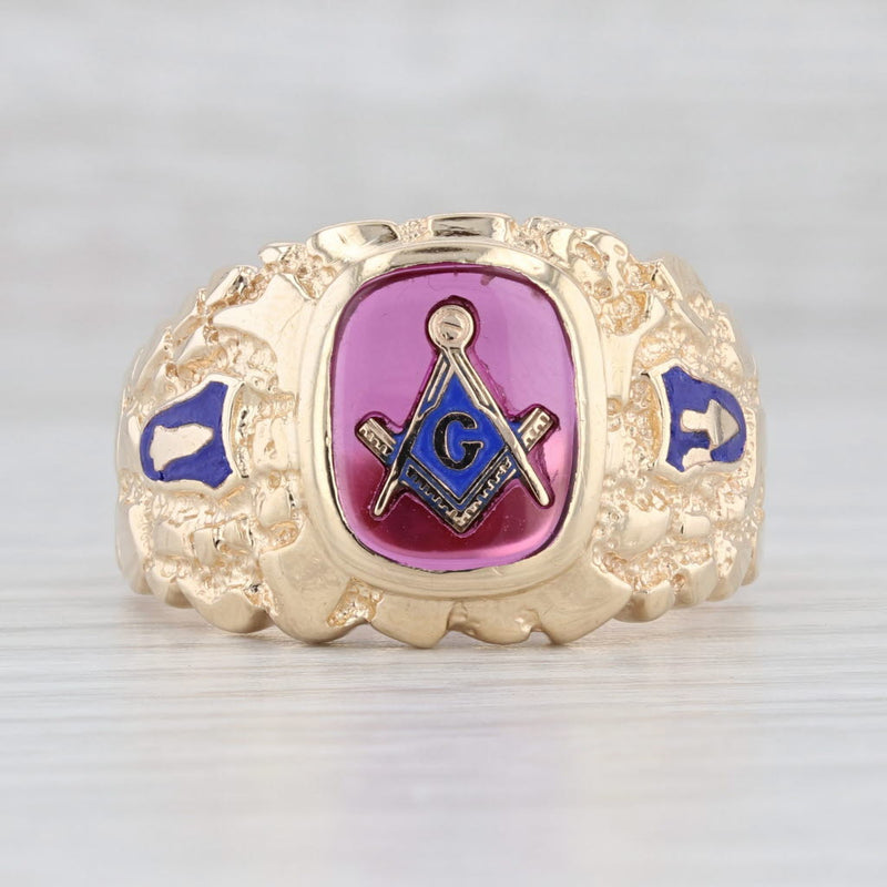 Light Gray Masonic Blue Lodge Signet Ring 10k Gold Nugget Lab Created Ruby Size 13.25