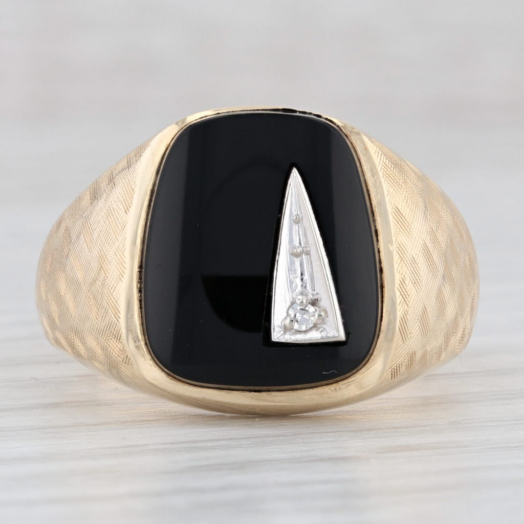 Light Gray Onyx Diamond Signet Ring 14k Yellow Gold Size 10.5 Vintage Men's